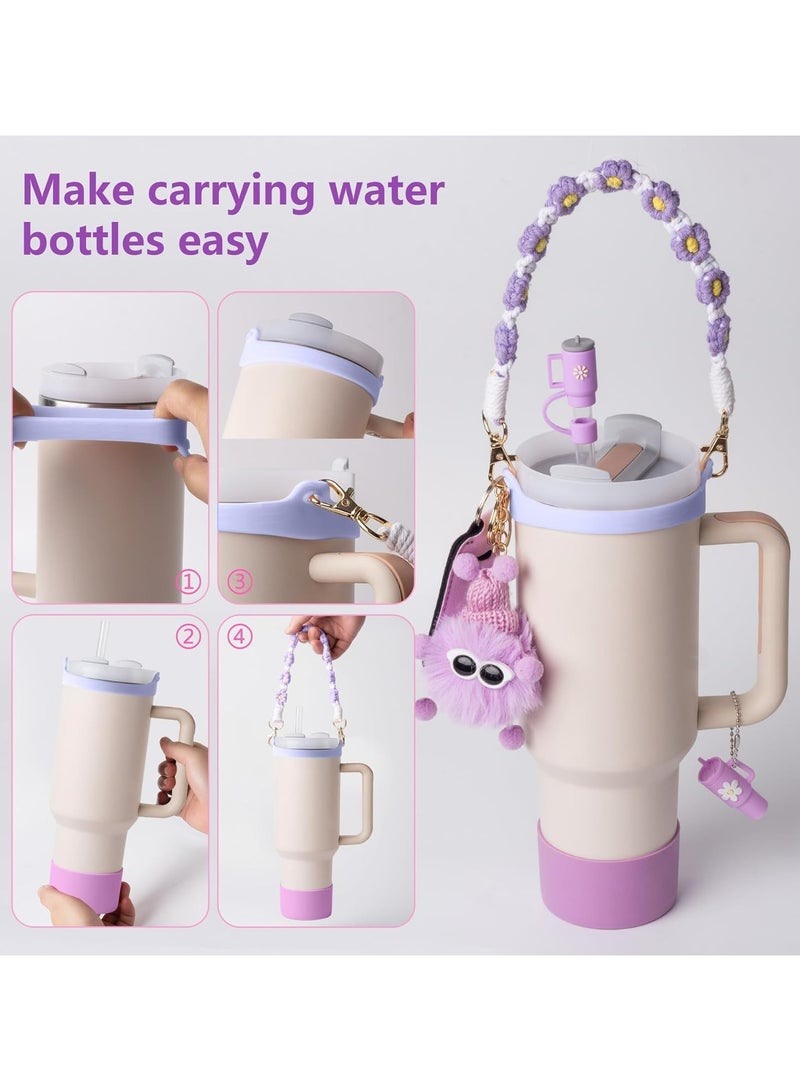 Dominy 7pcs Cup Accessories Set for Stanley,Water Bottle Handle Strap,Silicone Cup Boot,Lipstick Holder,Keychain Charms&Handle Charms,Straw Topper Accessories for Stanley Cup 40oz&30oz Tumbler (Purple) - Image 2