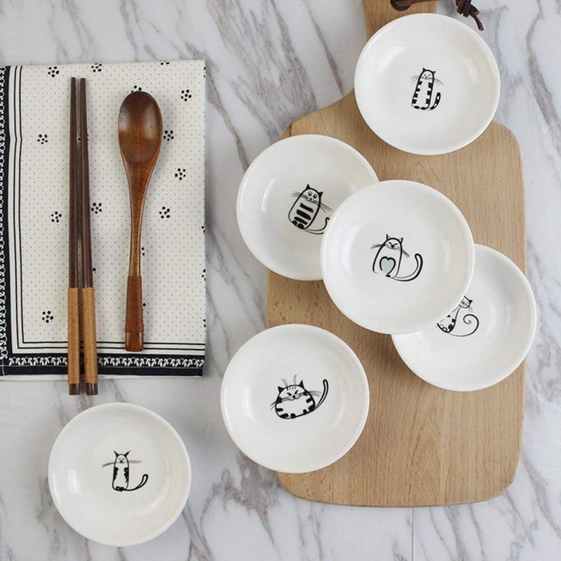 FUYU 6pcs Cute Cat Ceramic Sauce Plate, Snack Plate, Side Dish, 4 inches - Image 3