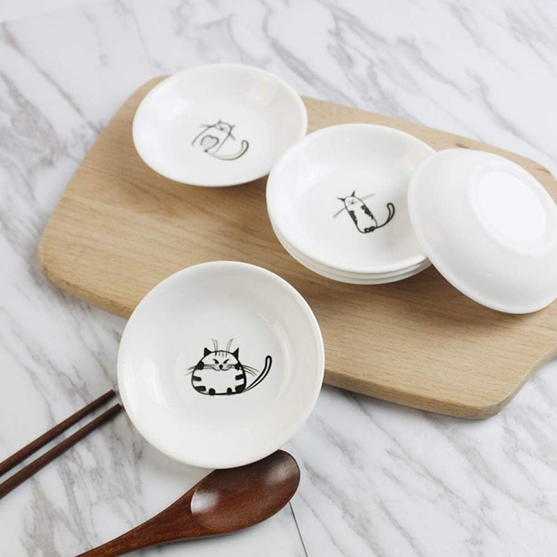 FUYU 6pcs Cute Cat Ceramic Sauce Plate, Snack Plate, Side Dish, 4 inches - Image 5