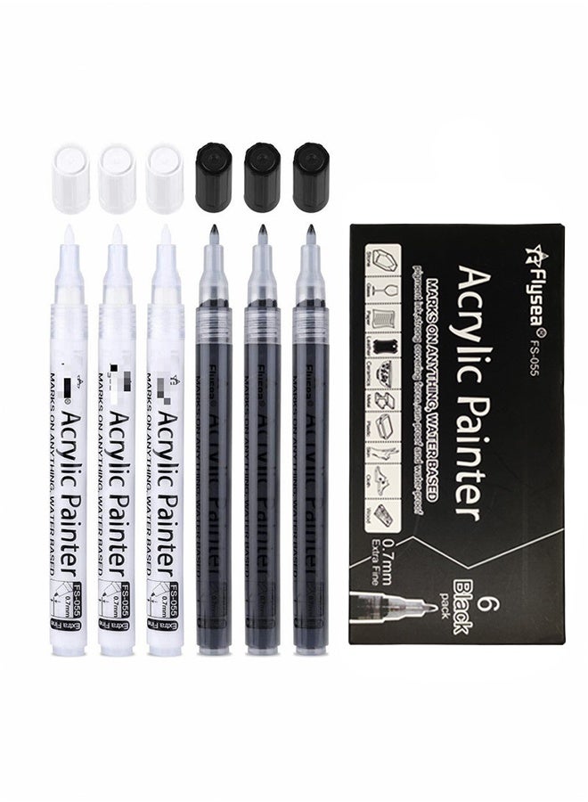 Flysea 6 Pack Paint Pens White Black Marker 0.7mm Acrylic White Permanent Marker, White Paint Pens for Rock Painting Stone Ceramic Glass Wood Plastic Glass Metal Canvas Water-based Extra Fine Point  - Image 1