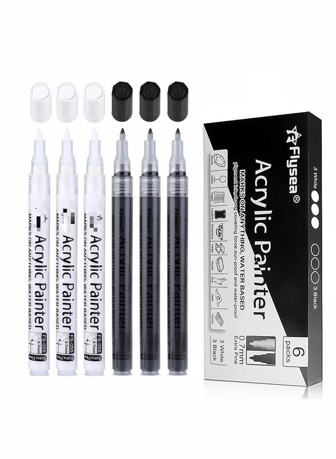 Flysea 6 Pack Paint Pens White Black Marker 0.7mm Acrylic White Permanent Marker, White Paint Pens for Rock Painting Stone Ceramic Glass Wood Plastic Glass Metal Canvas Water-based Extra Fine Point - Image 1