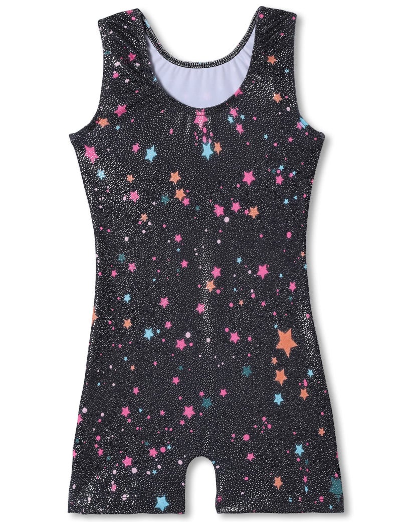 TENVDA Girls Gymnastics Leotards with Shorts Size 5-6 Years Old Sparkly Black Stars Printed Sleeveless Biketards Unitard - Image 2