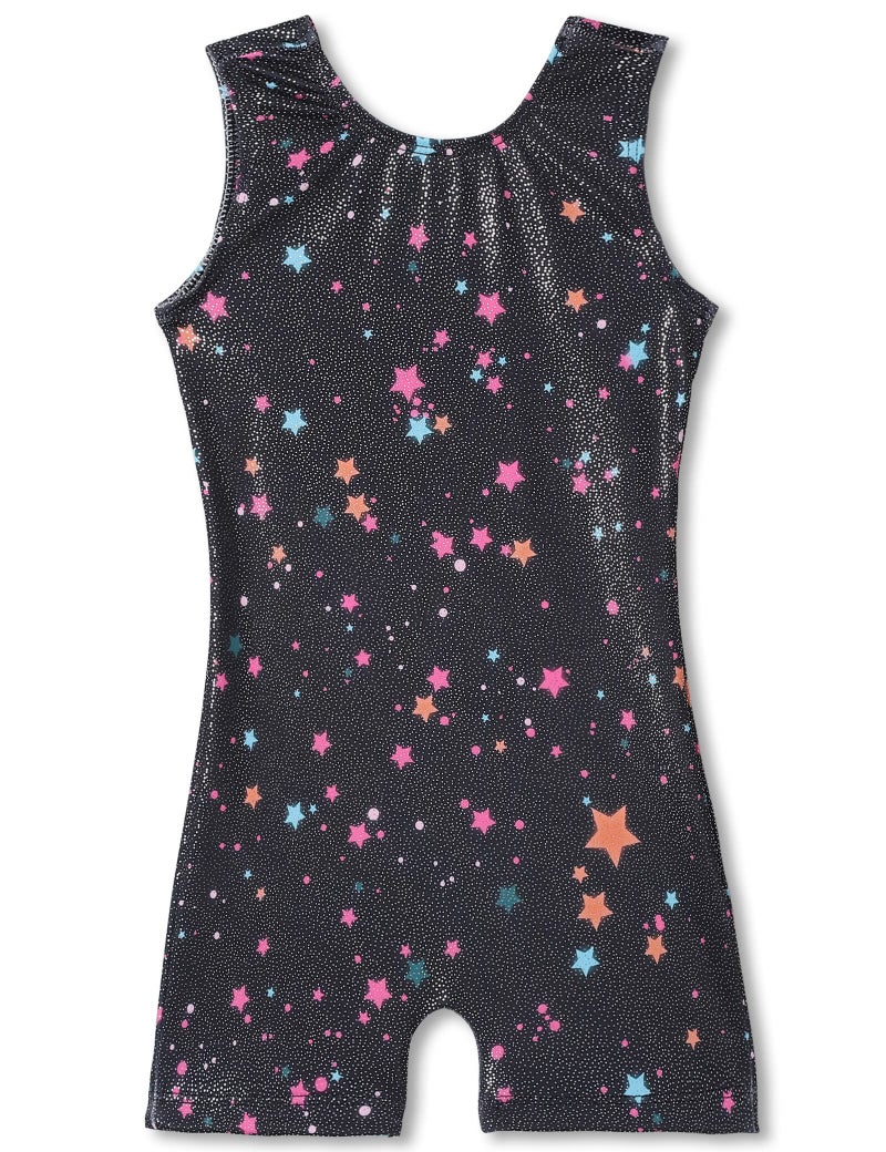 TENVDA Girls Gymnastics Leotards with Shorts Size 5-6 Years Old Sparkly Black Stars Printed Sleeveless Biketards Unitard - Image 1