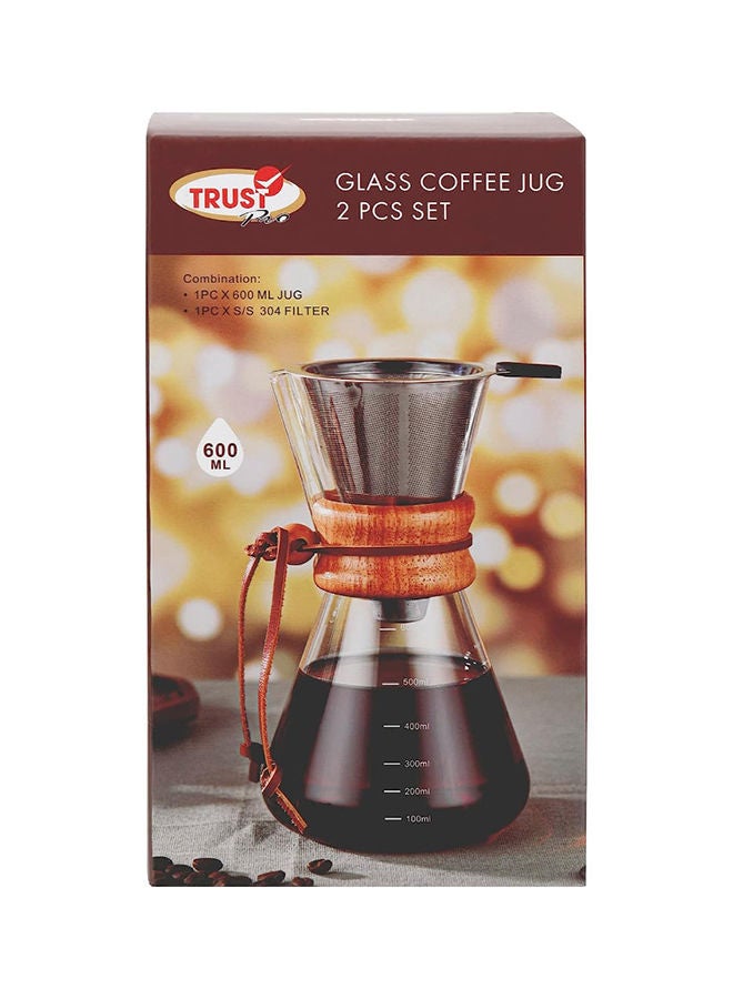 2-Piece Glass Coffee Server With Stainless Steel Filter With Wooden Handle 600 Milliliter Silver/Brown/Clear