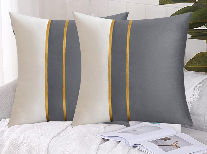 HIMS Velvet Sofa Pillow Cover Set of 2, Cushion Covers 16 inch x 16 inch for Cushion Covers Decor Living Room Sofa Bedroom Car (Grey/White, 16x16 Inch) - Image 1