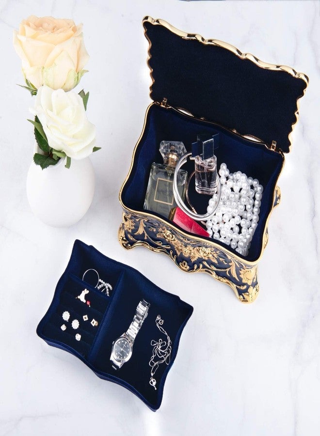 Feyarl Vintage Two Layers Rectangle Trinket Jewelry Box Ornate Ring Earrings Treasure Case Keepsake Box Organizer for Birthday Woman Girl Gift Home Dresser Decor (Blue) 7.1 x 4.7 x 3.1 inches - Image 2