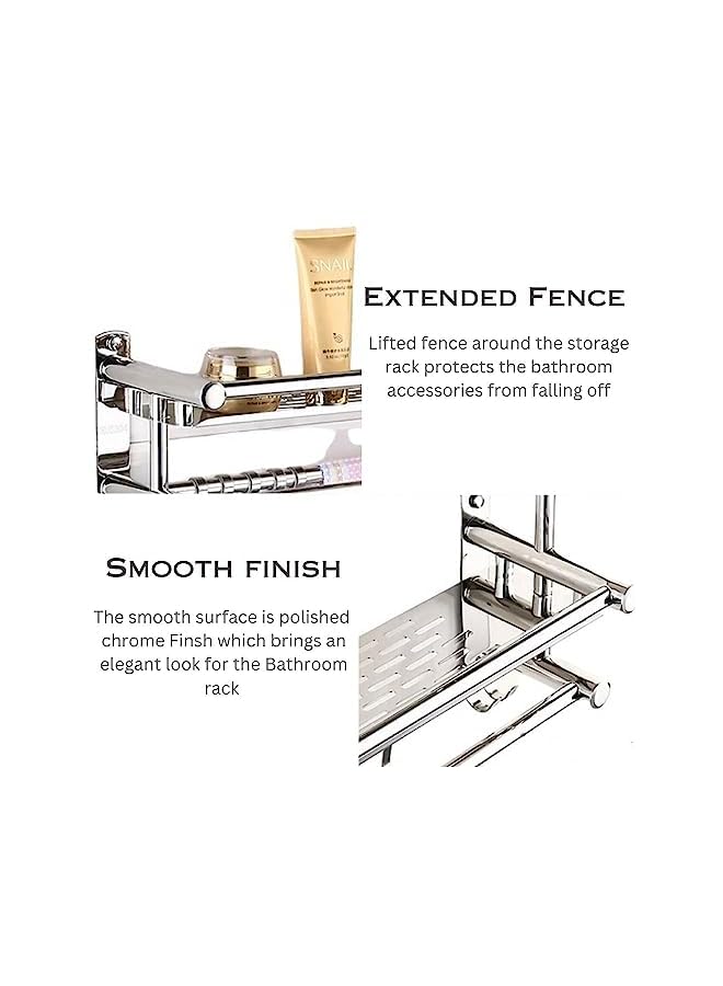 Raxoom Steel Bathroom Organizer, Wall Mount Adhesive Bathroom Shelf Rack with Towel Holder, No Drilling Wall Mounted Large Shower Organizer Rack for Bathroom, Living Room, Kitchen (2 Layer) - Image 4