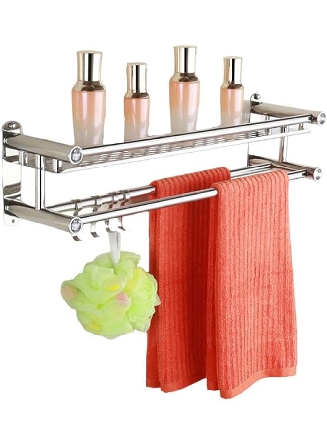 Raxoom Steel Bathroom Organizer, Wall Mount Adhesive Bathroom Shelf Rack with Towel Holder, No Drilling Wall Mounted Large Shower Organizer Rack for Bathroom, Living Room, Kitchen (2 Layer) - Image 1