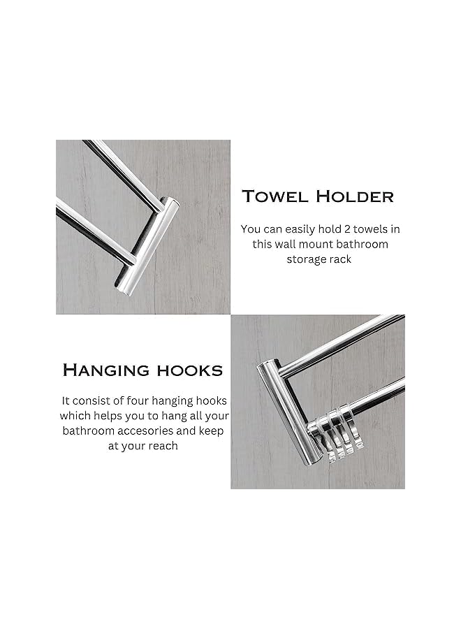 Raxoom Steel Bathroom Organizer, Wall Mount Adhesive Bathroom Shelf Rack with Towel Holder, No Drilling Wall Mounted Large Shower Organizer Rack for Bathroom, Living Room, Kitchen (2 Layer) - Image 5