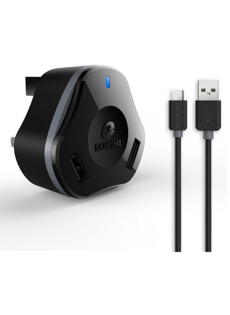 ماركة غير محددة روكيني  فيش جداري مايكرو  USB مخرجين و سلك مايكرو 1.5متر اسود  - Image 1