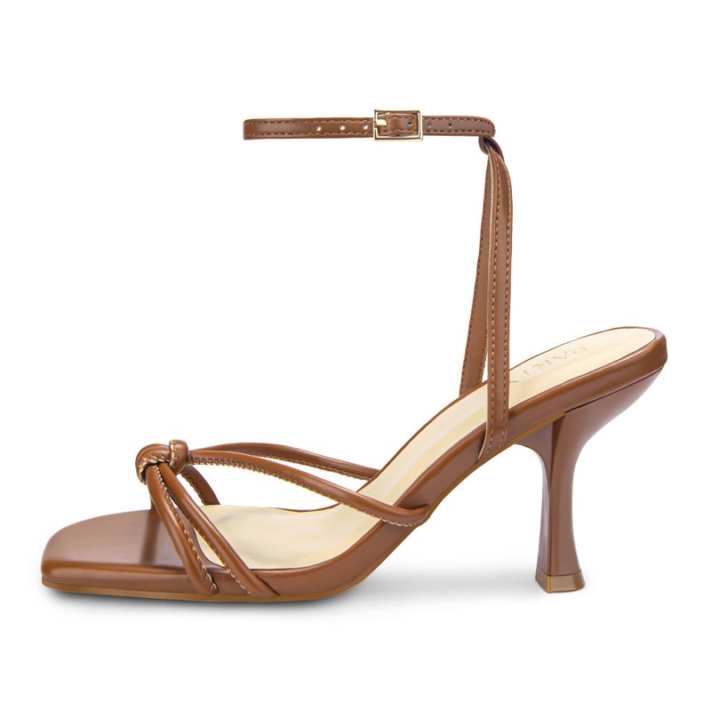 PARTY Women's Square Open Toe Strappy Heeled Sandals 3 inch Stiletto Kitten Heel with Ankle Buckle Strap, Comfortable Slingback Summer Dress Shoes,Brown Pu,8 - Image 4