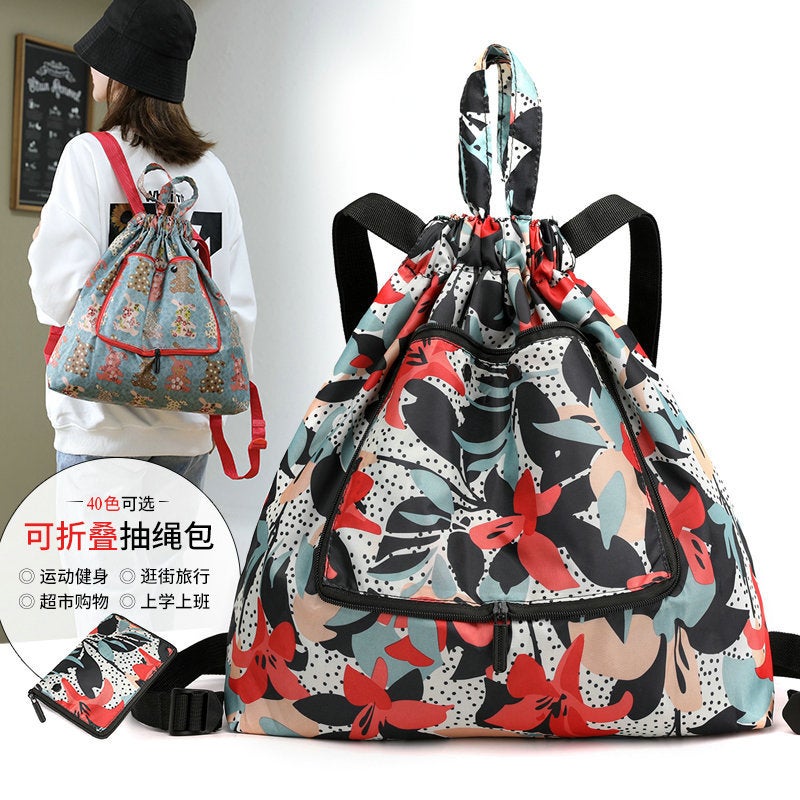 Oxford Cloth Lined Foldable Shopping Bag Drawstring Backpack Cartoon Grocery Bag Drawstring Tote Bag Home Storage - Image 2