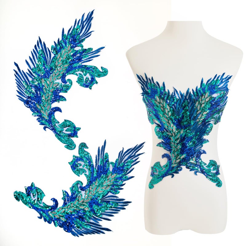 Silvora Pair Embroidery Phoenix Costume Sequin Appliques Patches  Peacock Feather Tail Applique Embellishments For Dance Dresses Clothes T-Shirt Neckline Bodice Pants (Blue)