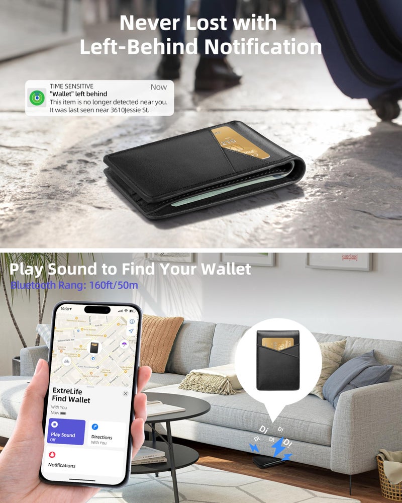 ExtreLife Mens Wallet with Smart Tracker, Genuine Leather Bifold Wallet, Works with Apple Find My, 10 Card Slots, Money Pocket, ID Window, RFID Blocking, GPS Wallet Tracker, Gift Box, Black - Image 3