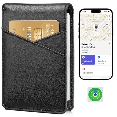 ExtreLife Mens Wallet with Smart Tracker, Genuine Leather Bifold Wallet, Works with Apple Find My, 10 Card Slots, Money Pocket, ID Window, RFID Blocking, GPS Wallet Tracker, Gift Box, Black - Image 1