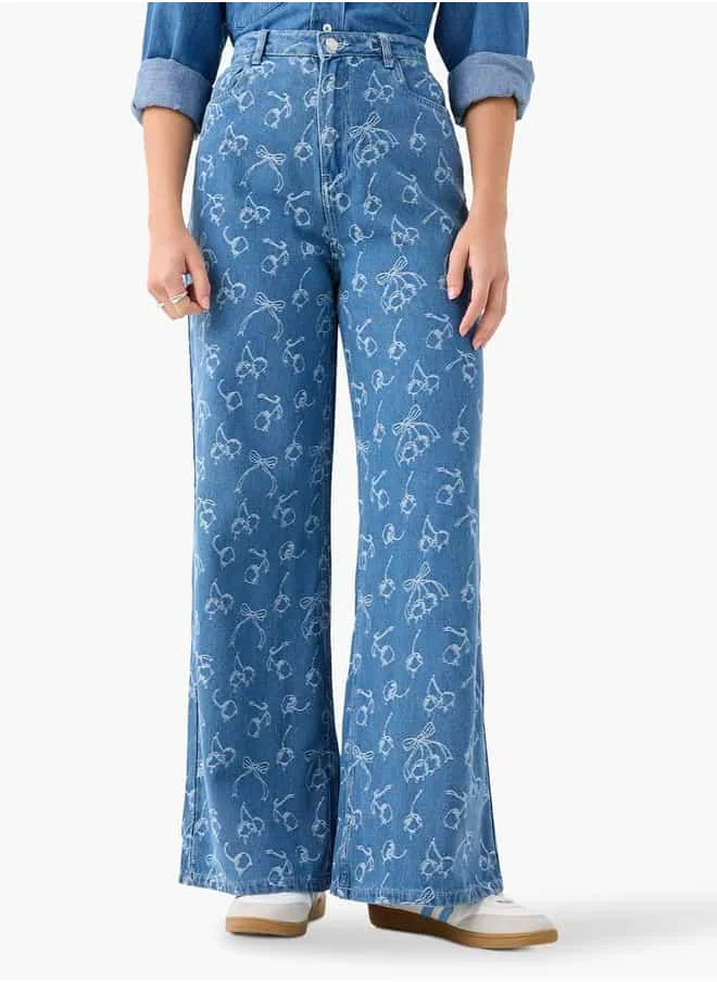 لي كوبر Lee Cooper Printed Wide Leg Jeans with Button Closure