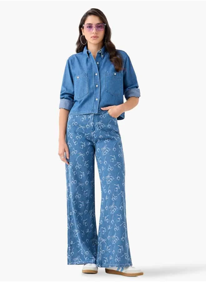 لي كوبر Lee Cooper Printed Wide Leg Jeans with Button Closure