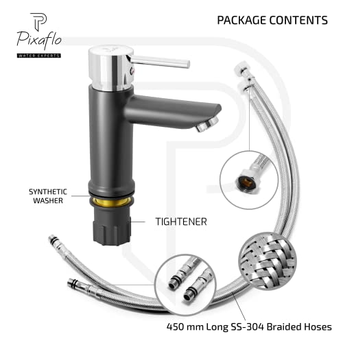 Pixaflo Florent Brass Single Lever Basin Mixer, Hot and Cold Water Mixer tap (for Home, Bathroom, Kitchen) with 450 mm Long Braided Hoses, Chrome (Matte Black) - Image 5