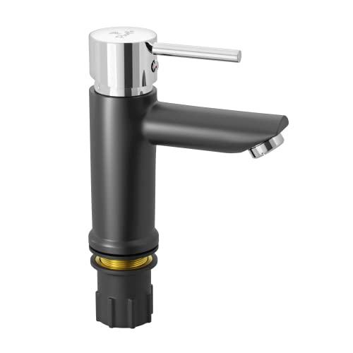 Pixaflo Florent Brass Single Lever Basin Mixer, Hot and Cold Water Mixer tap (for Home, Bathroom, Kitchen) with 450 mm Long Braided Hoses, Chrome (Matte Black) - Image 1