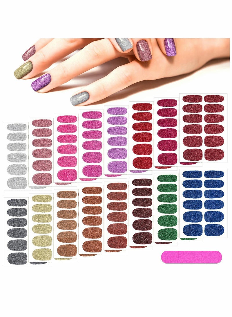 KASTWAVE 16 Sheets Glitter Nail Wraps Nail Polish Stickers Self Adhesive Nail Design Decals Strips in Solid Colors with 2 Pieces Nail File for Women Girls DIY Manicure Nail Design Decoration (Retro Color) - Image 1