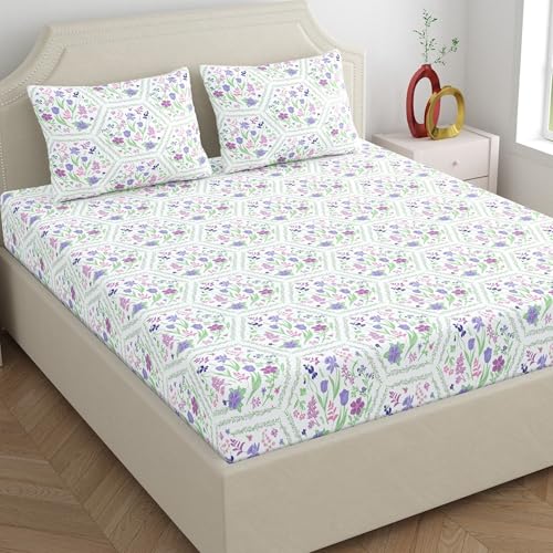 Dreamscape 100% Cotton Double Bedsheet with 2 Pillow Covers - (Size 87 x 94 inches, 140 TC, Colour - Purple: Orchid Bloom) - Image 1