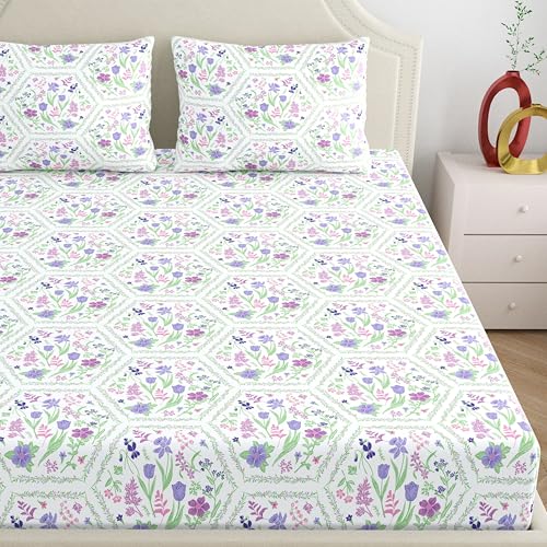 Dreamscape 100% Cotton Double Bedsheet with 2 Pillow Covers - (Size 87 x 94 inches, 140 TC, Colour - Purple: Orchid Bloom) - Image 3