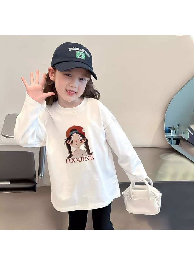 Girls' Long-sleeved Tops Spring & Fall New White Cartoon Printed Round Neck Tops Baby Fashionable Casual Bottoming Shirts
