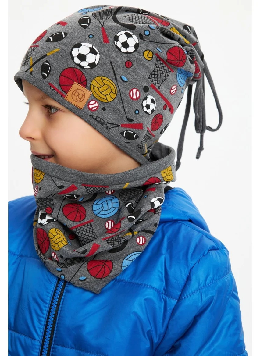 Babygiz Smoked Boy's Colorful Figured Beret Neck Collar Set Soft Double Layer 100% Natural Cotton Combed Cotton