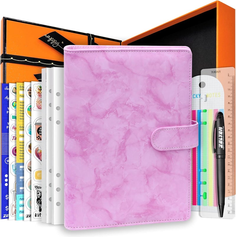 Zelten PU Leather Personal Notebook Planner with 80 Pages Loose-Leaf Papers 6 Holes Ring Binder Pen Holder Magnetic Buckle (Pink Marble, A5 Gift Box) - Image 1