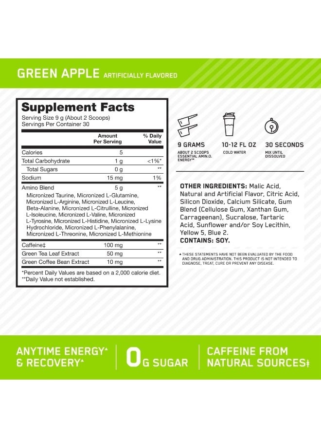 Optimum Nutrition (ON) Amino Energy - Pre Workout With Green Tea, Bcaa, Amino Acids, Keto Friendly, Green Coffee Extract, 0 Grams of Sugar, Anytime Energy Powder - Green Apple, 270 G , 30 Servings - Image 3