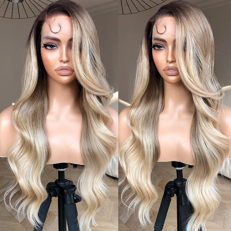BrownBomb Body Wave Lace Front Wig Synthetic Lace Front Wig Pre Plucked Glueless Wigs 13X5X1 HD Lace Front Wigs for Women 24inch Side Part Wig Rooted OmbreBlond 24