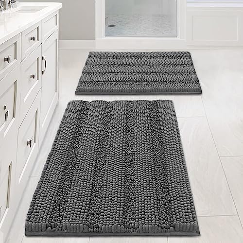H.VERSAILTEX Non Slip Thick Shaggy Chenille Bathroom Rug Mat Set Extra Soft and Absorbent Striped Floor Rugs, 2 Piece, Machine-Washable - Image 1