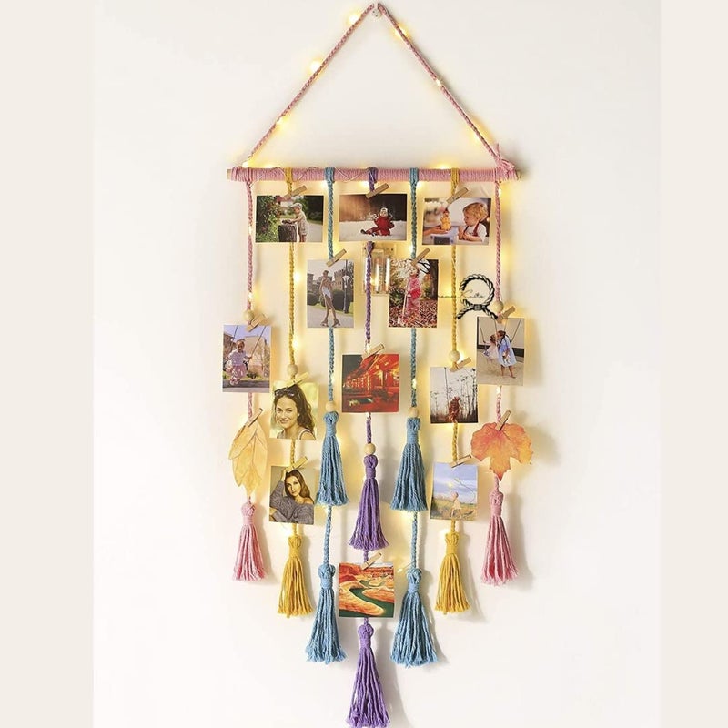 Macrame Kn0ts Cotton Wall Photo Hanging with 10 Clips Best for Bohemian Home Wall Decor,Decorate Your Room, Home Decor Item for Room (Photos Not Included) (Multicolour with Light) - Image 1