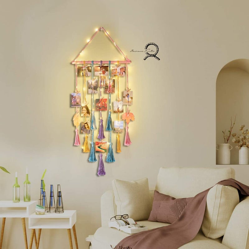 Macrame Kn0ts Cotton Wall Photo Hanging with 10 Clips Best for Bohemian Home Wall Decor,Decorate Your Room, Home Decor Item for Room (Photos Not Included) (Multicolour with Light) - Image 2