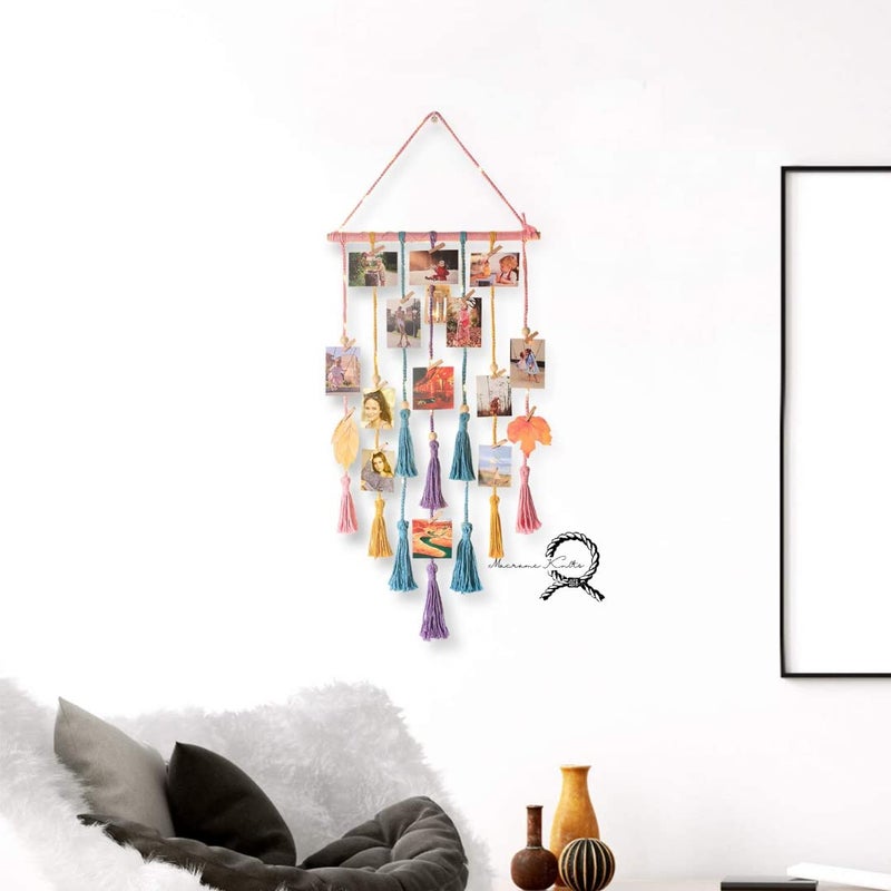 Macrame Kn0ts Cotton Wall Photo Hanging with 10 Clips Best for Bohemian Home Wall Decor,Decorate Your Room, Home Decor Item for Room (Photos Not Included) (Multicolour with Light) - Image 5