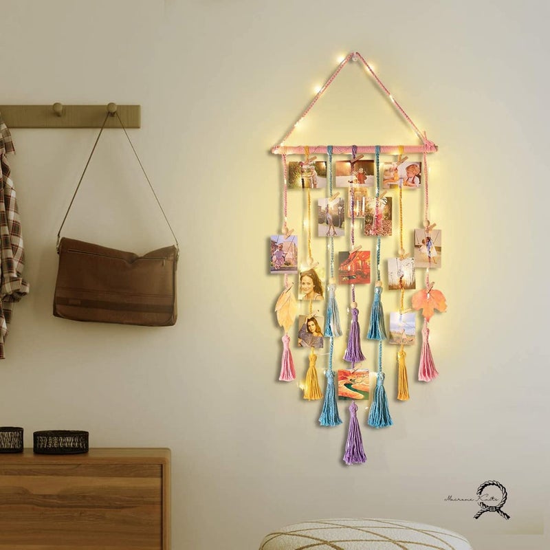 Macrame Kn0ts Cotton Wall Photo Hanging with 10 Clips Best for Bohemian Home Wall Decor,Decorate Your Room, Home Decor Item for Room (Photos Not Included) (Multicolour with Light) - Image 4