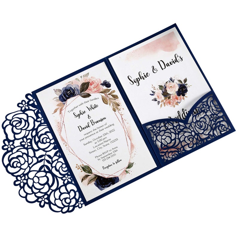 DreamBuilt 47 x7 inch 50PCS Blank Navy Blue Wedding Invitations Kit Laser Cut Hollow Rose Pocket Wedding Invitation Cards with Envelopes for Wedding Bridal Shower Engagement Invite