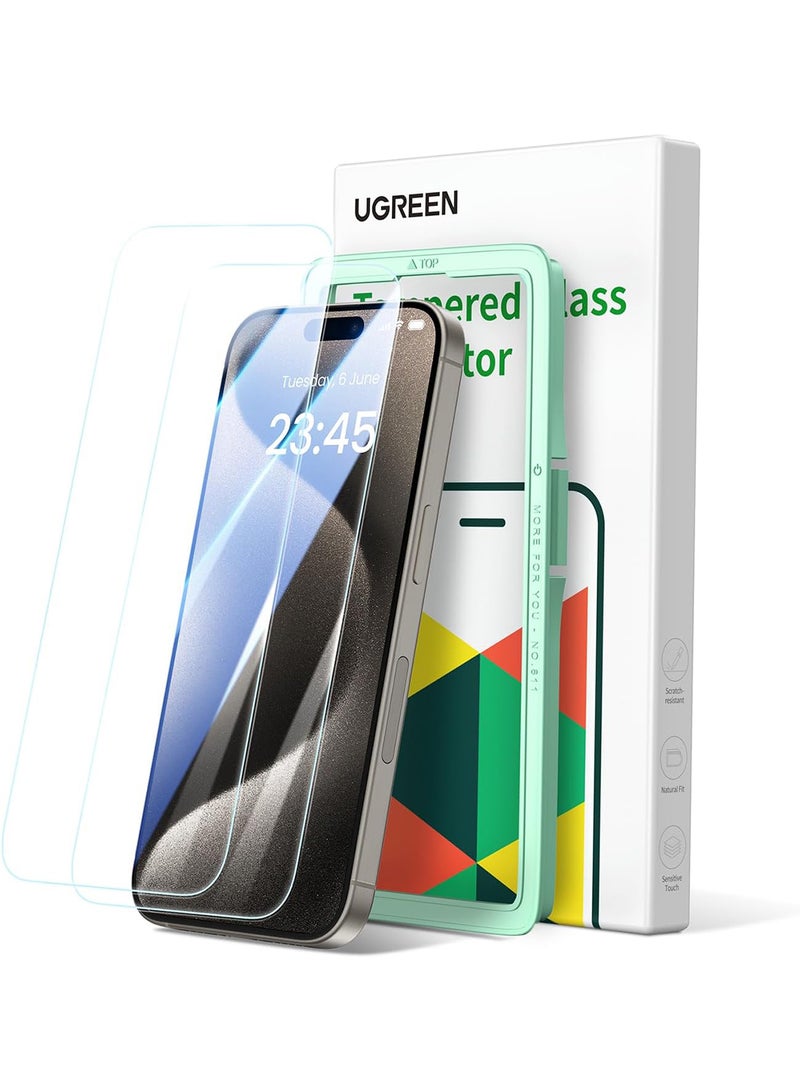 يو جرين واقي شاشة آيفون 15 برو ماكس 6.7" HD واضح، إطار سهل التركيب، حماية من الدرجة العسكرية، مقاوم للخدش، مضاد لبصمات الأصابع، خالي من الفقاعات، طبقة من الزجاج المقوى 9H لهاتف ايفون 15 برو ماكس - 2 حزمة - Image 1