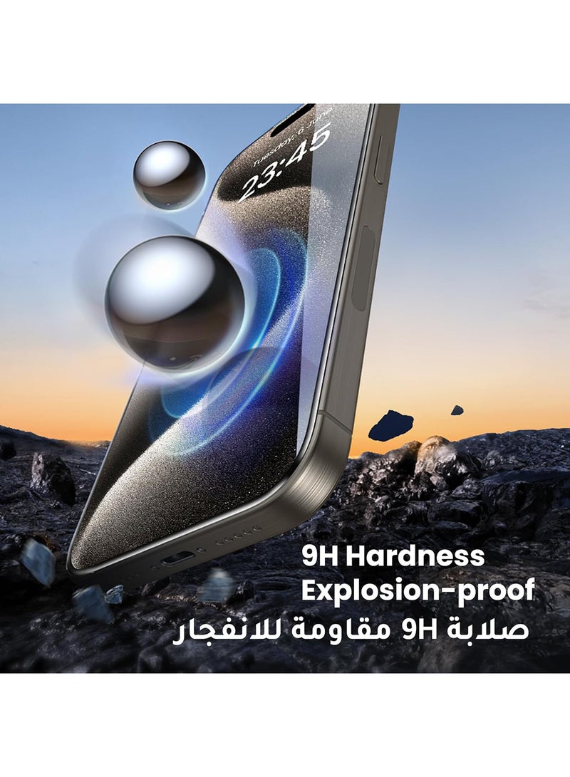 يو جرين واقي شاشة آيفون 15 برو ماكس 6.7" HD واضح، إطار سهل التركيب، حماية من الدرجة العسكرية، مقاوم للخدش، مضاد لبصمات الأصابع، خالي من الفقاعات، طبقة من الزجاج المقوى 9H لهاتف ايفون 15 برو ماكس - 2 حزمة - Image 3