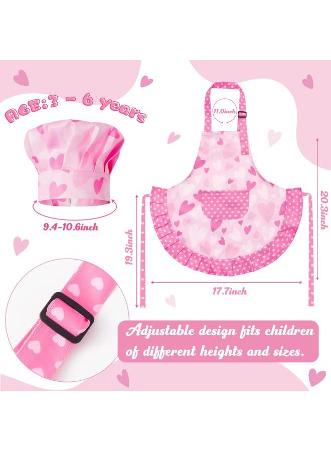R HORSE Kid Apron and Chef Hat Set - 2Pcs Pink Heart Toddler Cooking Apron Set for Girls, Adjustable Role Play Costume Pretend Play Toy for Cooking Baking Painting Birthday Gift for Kids Ages 3-6 - Image 2