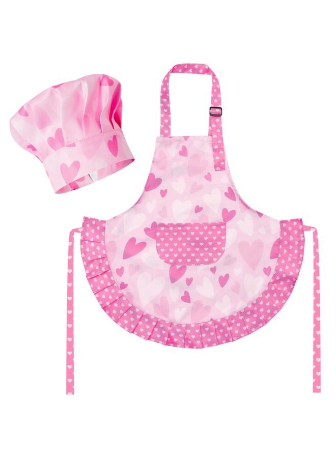 R HORSE Kid Apron and Chef Hat Set - 2Pcs Pink Heart Toddler Cooking Apron Set for Girls, Adjustable Role Play Costume Pretend Play Toy for Cooking Baking Painting Birthday Gift for Kids Ages 3-6 - Image 1