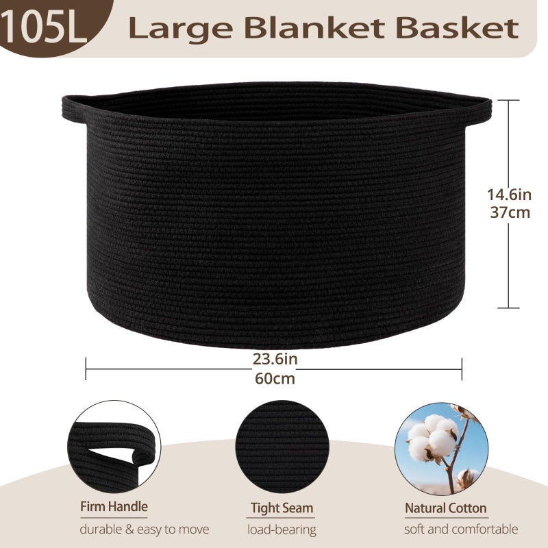 OIAHOMY 105L Blanket Basket for Living Room, Large Basket 23.6" x 23.6" x 14.6" with Handle, Laundry Hamper for Blankets, Pillows, Toy Storage for Kids, Dogs - Black - Image 2