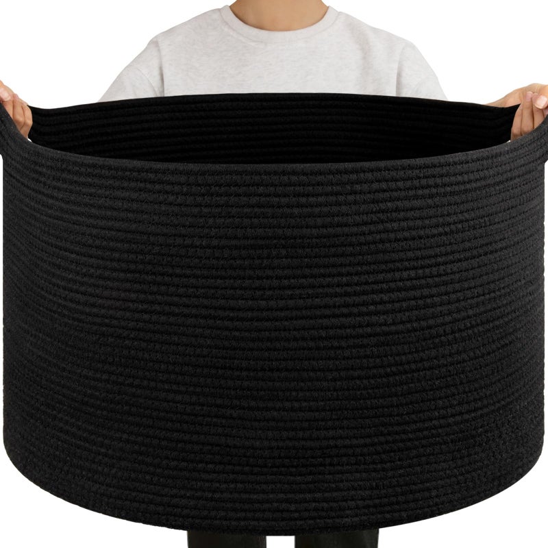 OIAHOMY 105L Blanket Basket for Living Room, Large Basket 23.6" x 23.6" x 14.6" with Handle, Laundry Hamper for Blankets, Pillows, Toy Storage for Kids, Dogs - Black - Image 1