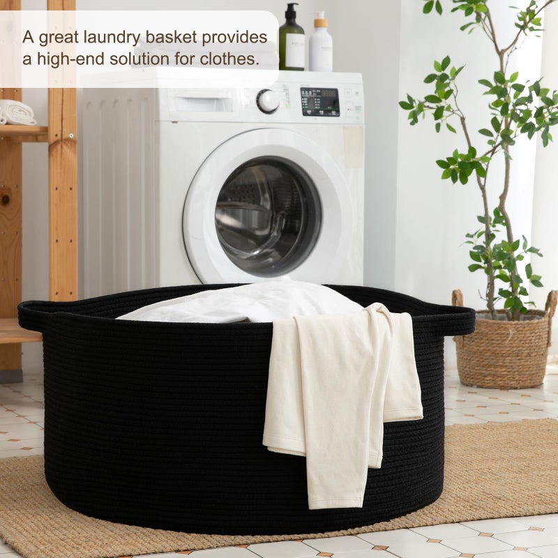 OIAHOMY 105L Blanket Basket for Living Room, Large Basket 23.6" x 23.6" x 14.6" with Handle, Laundry Hamper for Blankets, Pillows, Toy Storage for Kids, Dogs - Black - Image 4