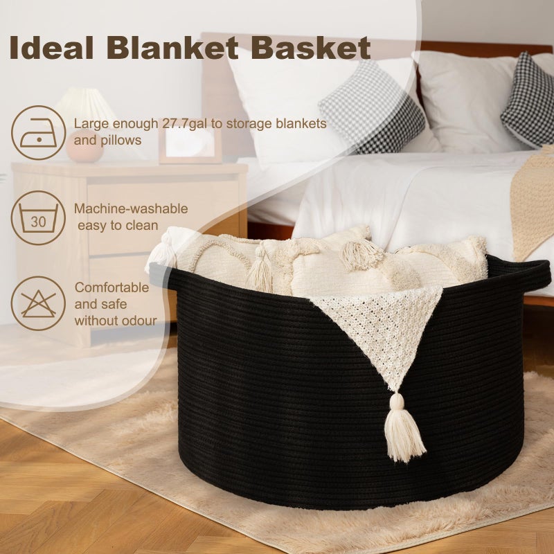 OIAHOMY 105L Blanket Basket for Living Room, Large Basket 23.6" x 23.6" x 14.6" with Handle, Laundry Hamper for Blankets, Pillows, Toy Storage for Kids, Dogs - Black - Image 3