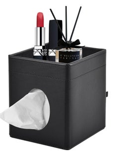 Tissue Box Cover Square Stylish Black Tissue Box Cover Holder PU Leather Facial Tissue Organizer with Storage Tray for Bathroom Vanity Bedroom Office Car Napkin Caddy Decorative Organizer Black