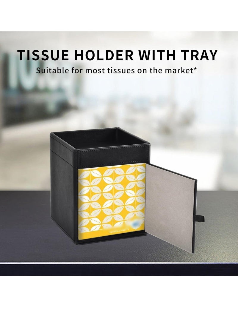 Generic - Tissue Box Cover Square Stylish Black Tissue Box Cover Holder PU Leather Facial Tissue Organizer with Storage Tray for Bathroom Vanity Bedroom Office Car Napkin Caddy Decorative Organizer Black - Image 1