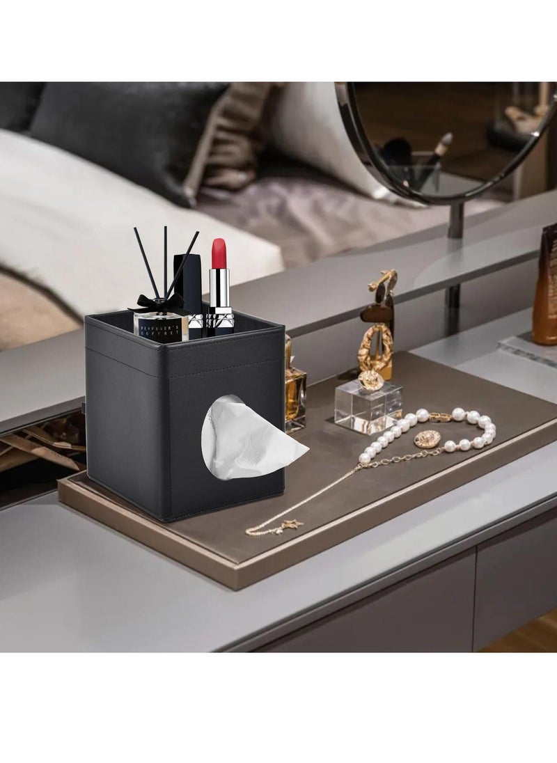 Generic - Tissue Box Cover Square Stylish Black Tissue Box Cover Holder PU Leather Facial Tissue Organizer with Storage Tray for Bathroom Vanity Bedroom Office Car Napkin Caddy Decorative Organizer Black - Image 1