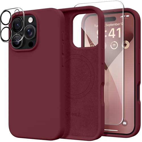 GONEZ Magnetic for iPhone 16 Pro Case, Compatible with MagSafe, [Screen Protector + Camera Lens Protector], Silicone Shockproof Anti-Scratch Protective Phone Case 6.3 inch, Maroon - Image 1