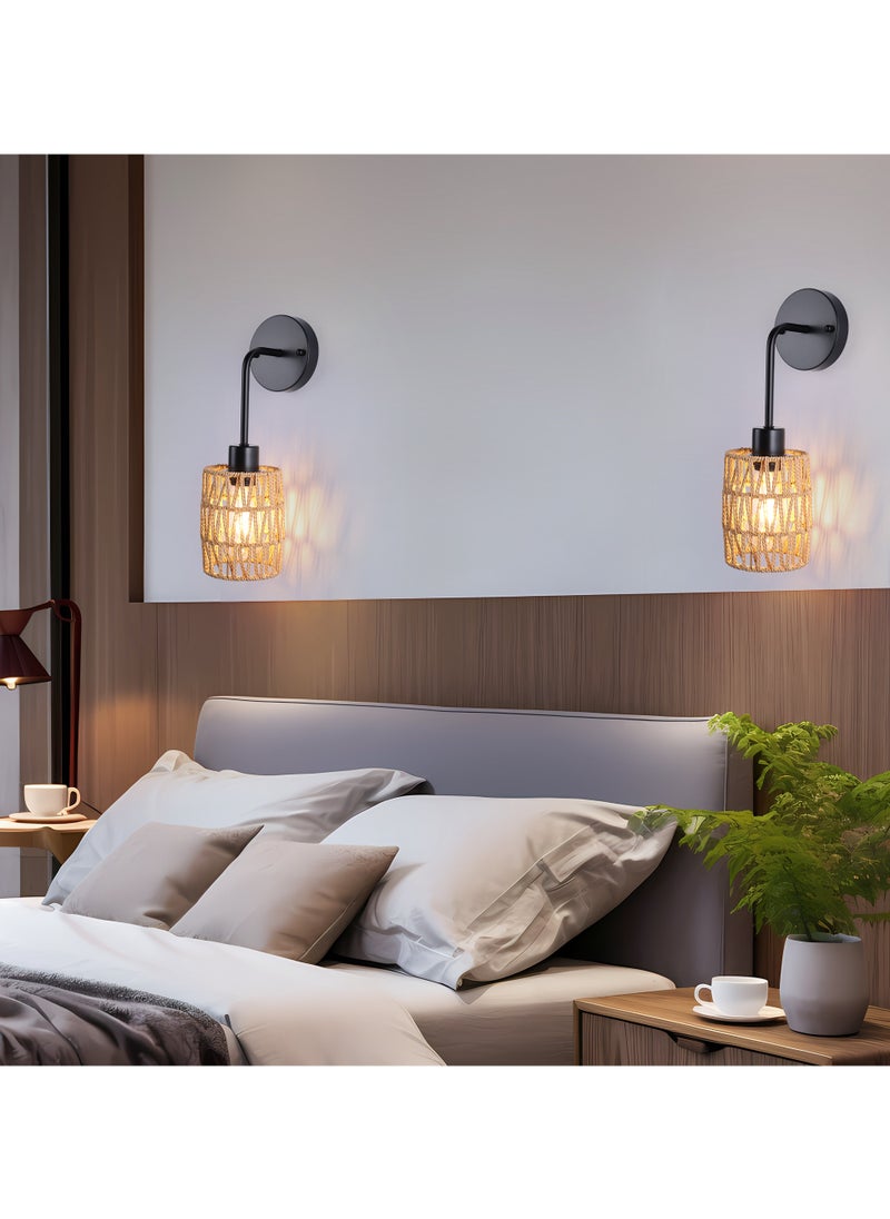 Ganeed - Boho Rattan Wall Sconces Set of Two Bedside Wall Lamp Hardwired Hand-Woven Farmhouse Wall Sconce Indoor Wall Lights for Bedroom Bathroom Living Room, E27 - Image 1